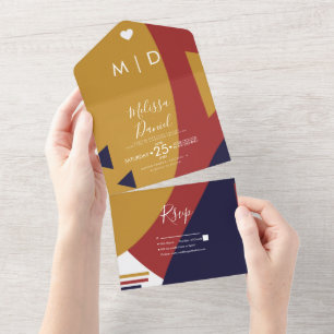 Geometrical Shapes Navy Mustard Wedding  All In One Invitation