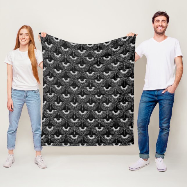 Geometrical swan flying bird pattern black white fleece blanket (In Situ)