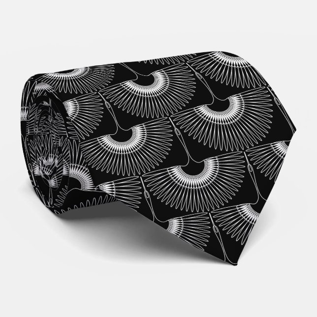 Geometrical swan flying bird pattern black white tie (Rolled)