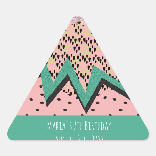 Geometrical Watermelon Slice Pink Birthday Party Triangle Sticker (Front)