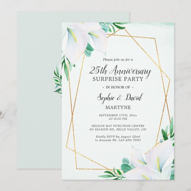 Geometrical White Calla Lily 25th Anniversary Invitation (Front/Back)
