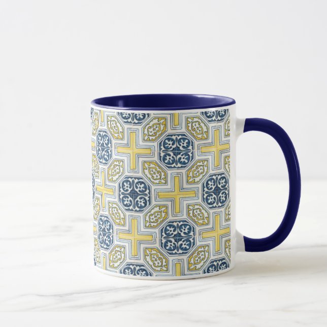 Géométrique Bleu Jaune Faux Tile Café Mug (Droite)