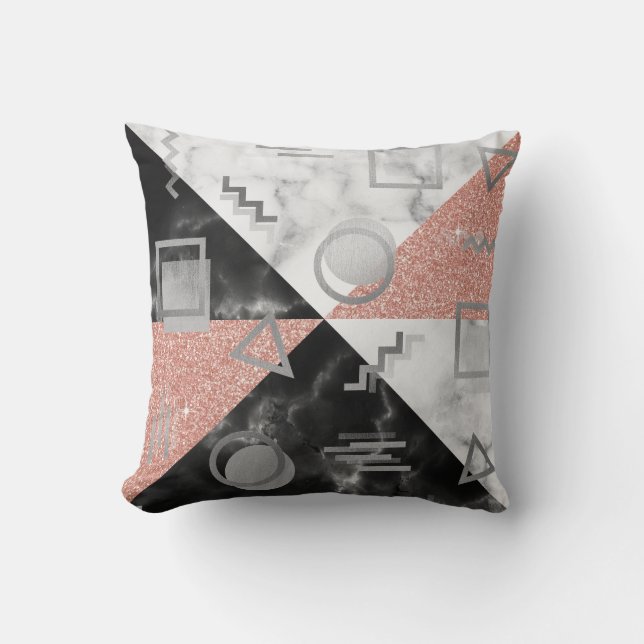 Geometry Black White Marble Rose Grey Glitter Retr Throw Pillow (Front)