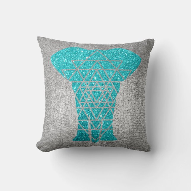Geometry Grey Silver Ocean Glitter Elephant Throw Pillow (Front)