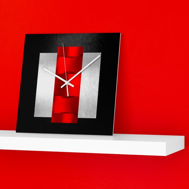 Geometry Modern Red Grey Silver Black Oriental VIP Square Wall Clock (Creator Uploaded)