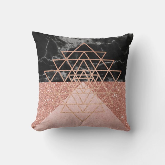 Geometry  Pink Rose Gold Triangle Marble Black Throw Pillow (Front)