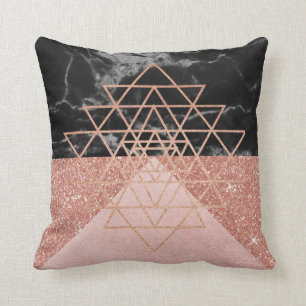 Geometry  Pink Rose Gold Triangle Marble Black Throw Pillow