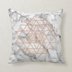 Geometry Pink Rose Gold Triangle Marble Black Throw Pillow
