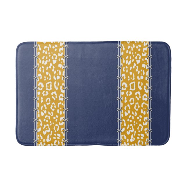 Geopard, navy blue, white, mustard yellow,stitched bath mat (Front)