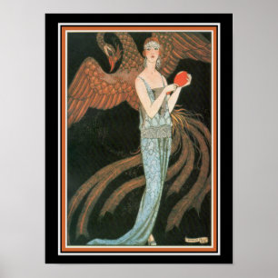 George Barbier Art Déco Girl avec Peacock 12 x 16