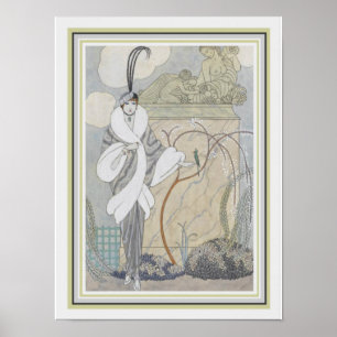 George Barbier Art déco Plumes & fourrure 12 x 16