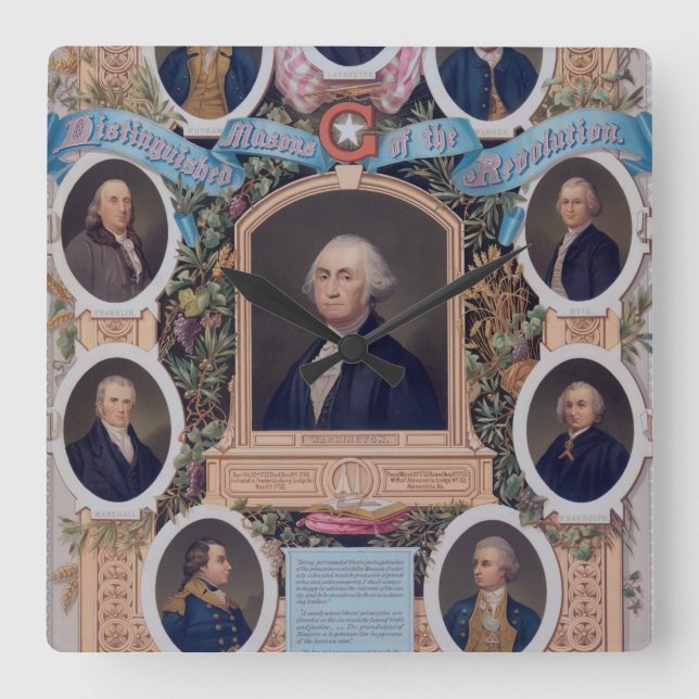 George Washington and The Masons Of The Revolution Square Wall Clock (Front)