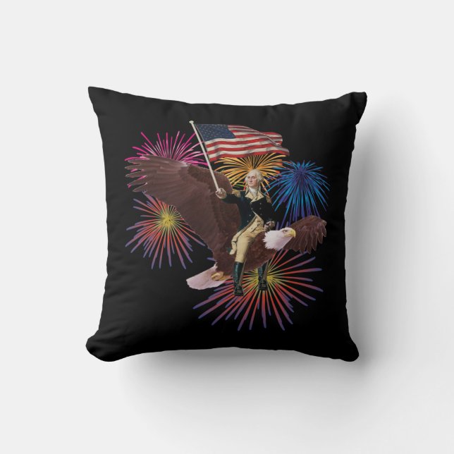 George Washington Riding an Eagle with a Flag Throw Pillow (Front)