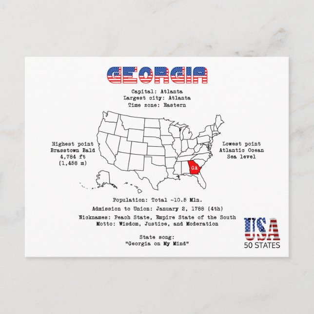 Georgia American state on a map and useful info Holiday Postcard (Front)