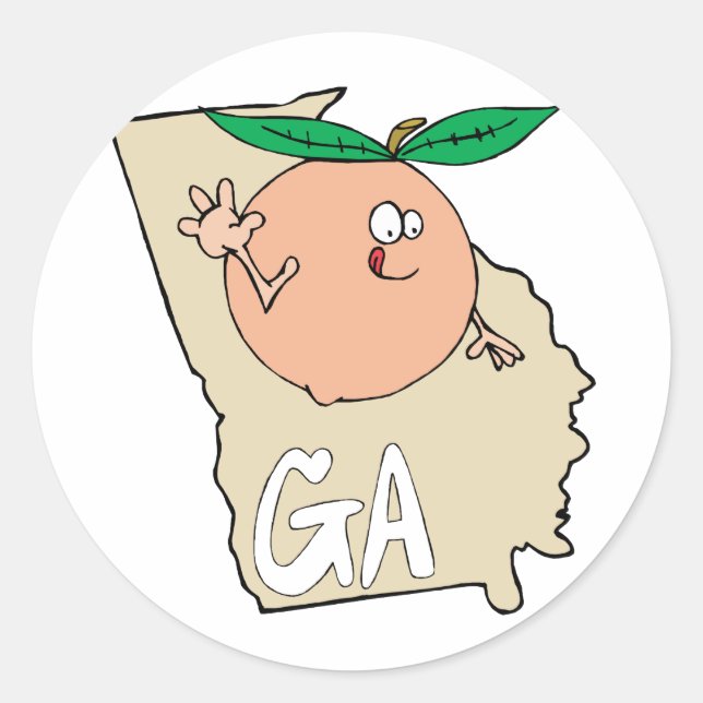 Georgia GA Cartoon Map with funny smiling peach Classic Round Sticker (Front)