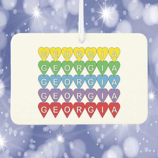 Georgia Hearts Rainbow Air Freshener (An air freshener that says Georgia in yellow, green, blue, red and purple.)