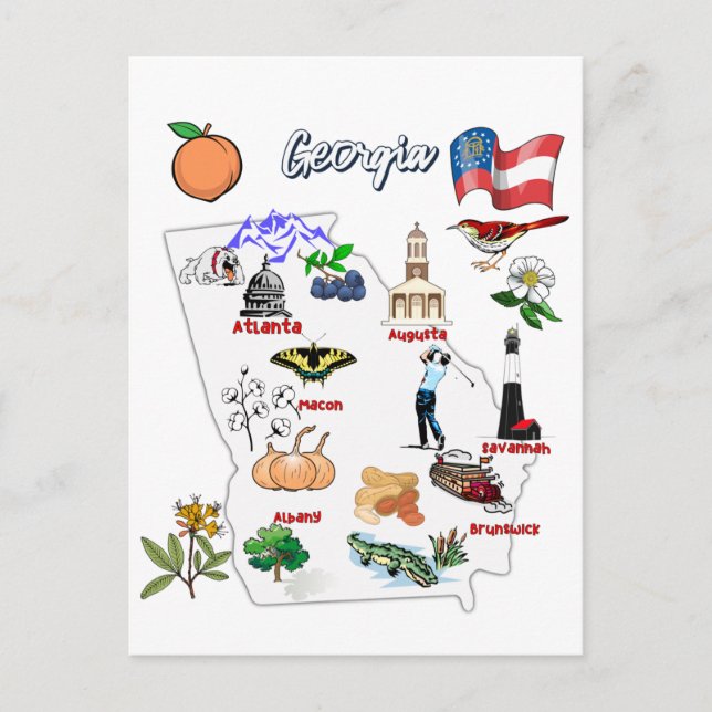 Georgia Map with Tourist Destinations Postcard (Front)