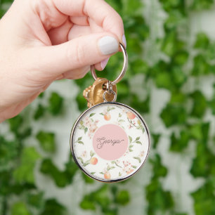Georgia Peach Heart Fruit Floral Pink Circle Keychain