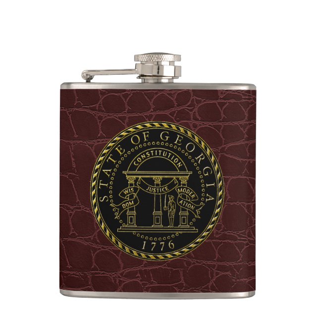 Georgia State Seal Black Gold Leather Hip Flask (Front)