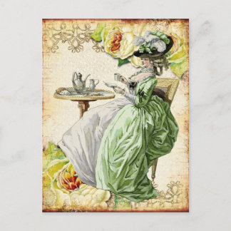 Georgian Lady Drinking Tea - Green Postcard