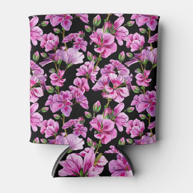 Geranium branches, watercolor pink buds. can cooler (Front)