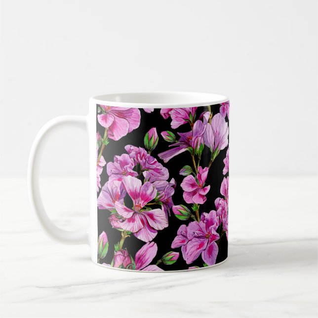 Geranium branches, watercolor pink buds. coffee mug (Left)
