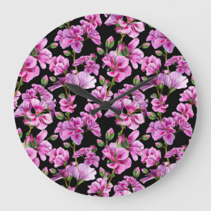 Geranium branches, watercolor pink buds. large clock