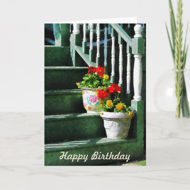 Geraniums and Pansies on Steps - Birthday Card (Front)