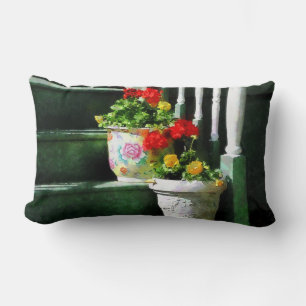 Geraniums and Pansies on Steps Lumbar Pillow