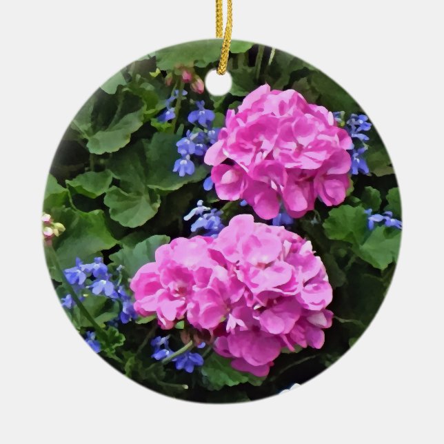 Geraniums and Periwinkle Ceramic Ornament (Front)