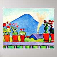 Geraniums Before Blue Mountain, colorful painting