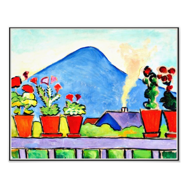 Geraniums Before Blue Mountain, colourful painting Photo Print (Front)