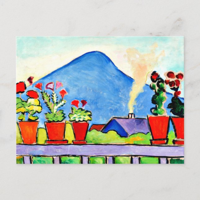 Geraniums Before Blue Mountain, colourful painting Postcard (Front)