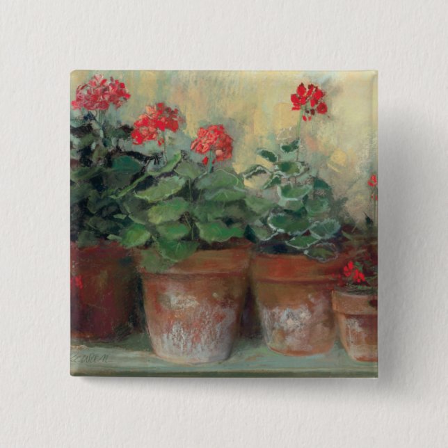Geraniums in Pots 2 Inch Square Button (Front)