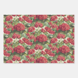 Geraniums Red Wrapping Paper Flat Sheet Set of 3
