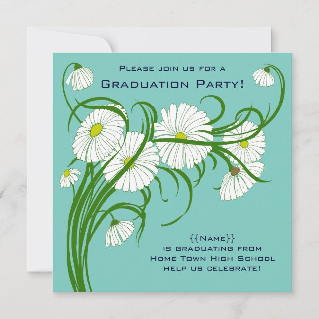 Gerber Daisy Flowers w Turquoise Graduation Party Invitation (Front)