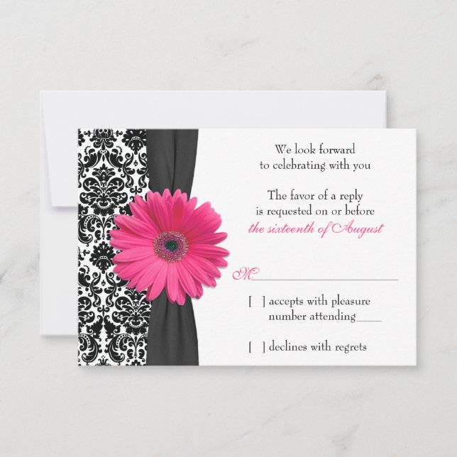 Gerber Daisy Pink Black Damask Wedding RSVP Reply Card (Front)