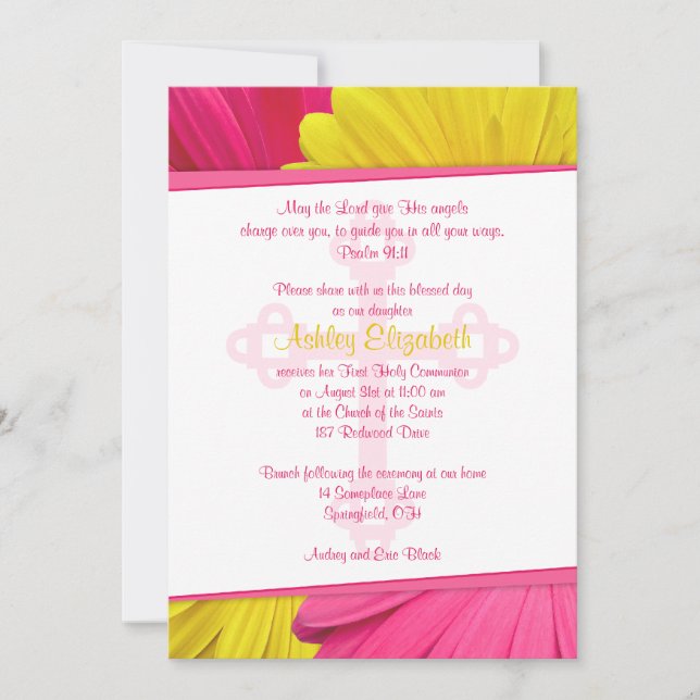 Gerber Daisy rose jaune 1ère communion Invitation (Devant)