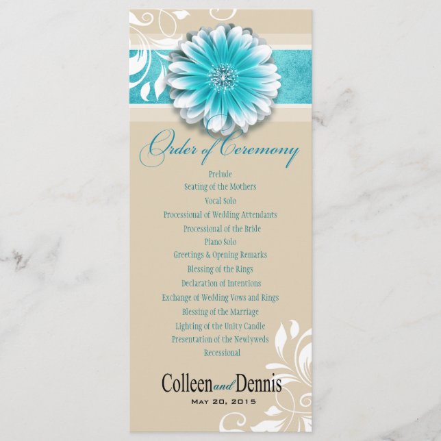 Gerber Daisy Scroll 1 Wedding Program teal (Front)