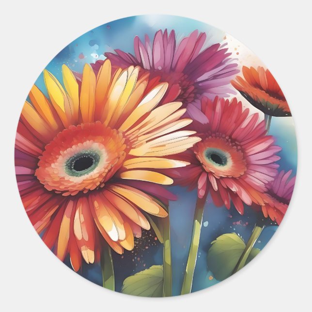 Gerbera Daisies Flowers Colourful Classic Round Sticker (Front)