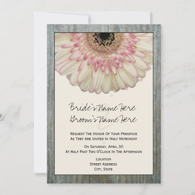 Gerbera Daisy & Barnwood Wedding Invitation (Front)