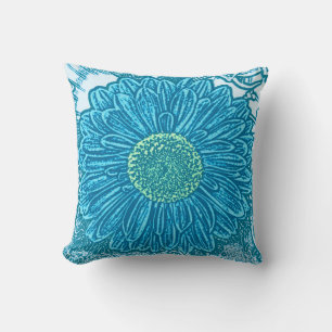 Gerbera Daisy Block Print - cerulean blue Throw Pillow