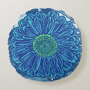Gerbera Daisy Block Print, Cerulean & Indigo Blue Round Pillow