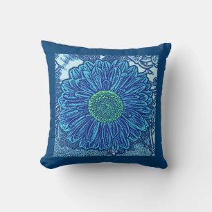 Gerbera Daisy Block Print, Cerulean & Indigo Blue Throw Pillow