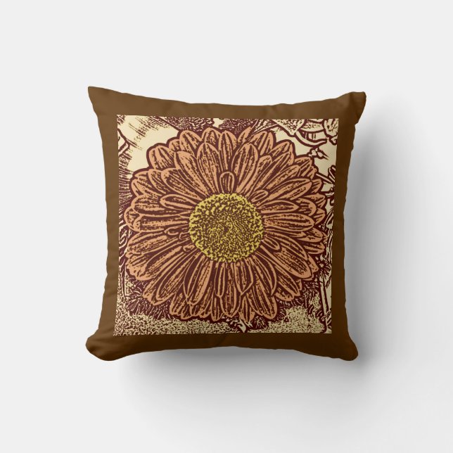 Gerbera Daisy Block Print, Chocolate Brown and Tan Throw Pillow (Front)