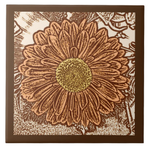 Gerbera Daisy Block Print, Chocolate Brown and Tan Tile