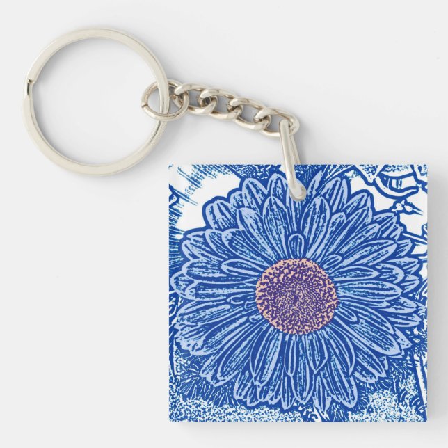 Gerbera Daisy Block Print - cobalt blue Keychain (Front)