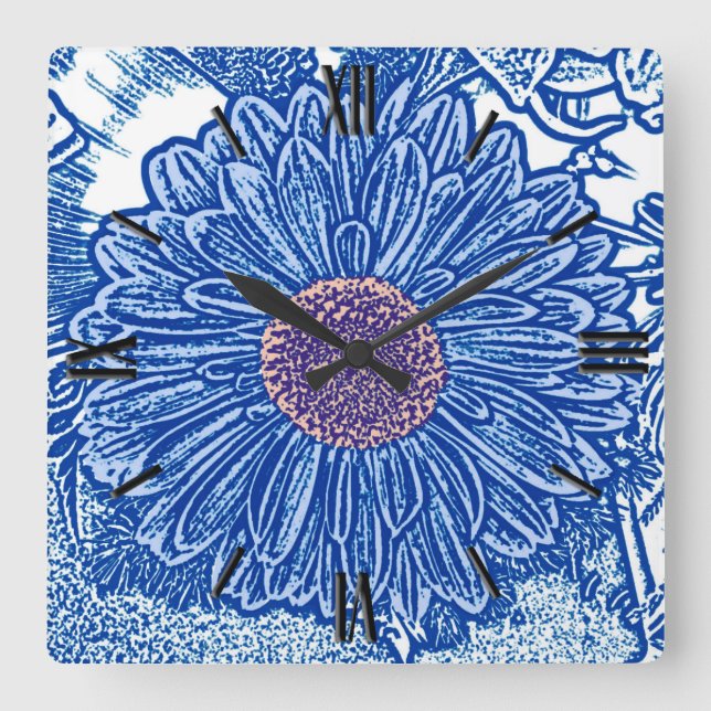Gerbera Daisy Block Print - cobalt blue Square Wall Clock (Front)