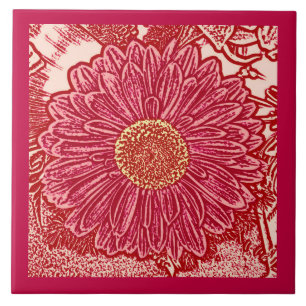 Gerbera Daisy Block Print, Coral and Peach Tile
