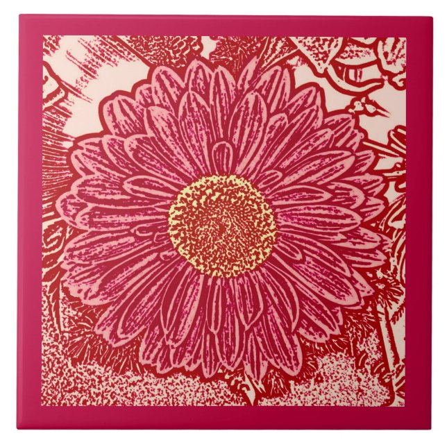 Gerbera Daisy Block Print, Coral and Peach Tile (Front)